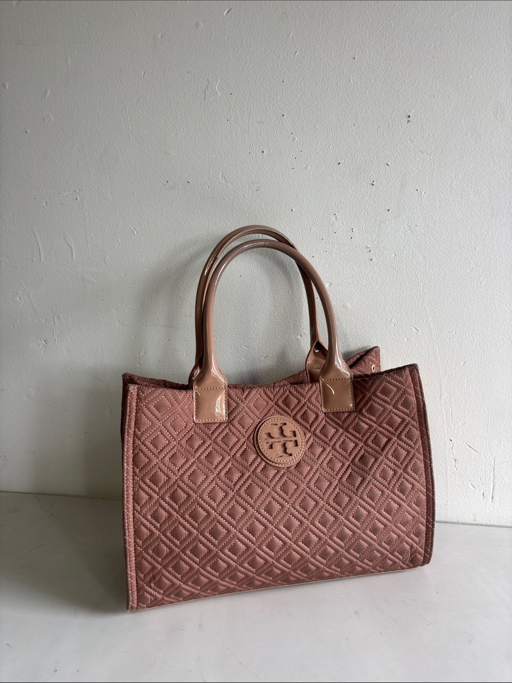 Tory Burch Rose Quilted Logo Tote with Glossy Handles